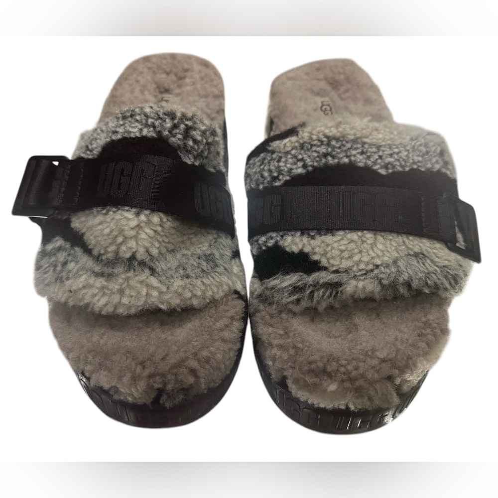 UGG CALI COLLAGE FLUFFITA SHEEPSKIN FLUFF PLATFORM SANDALS, US 10 B10